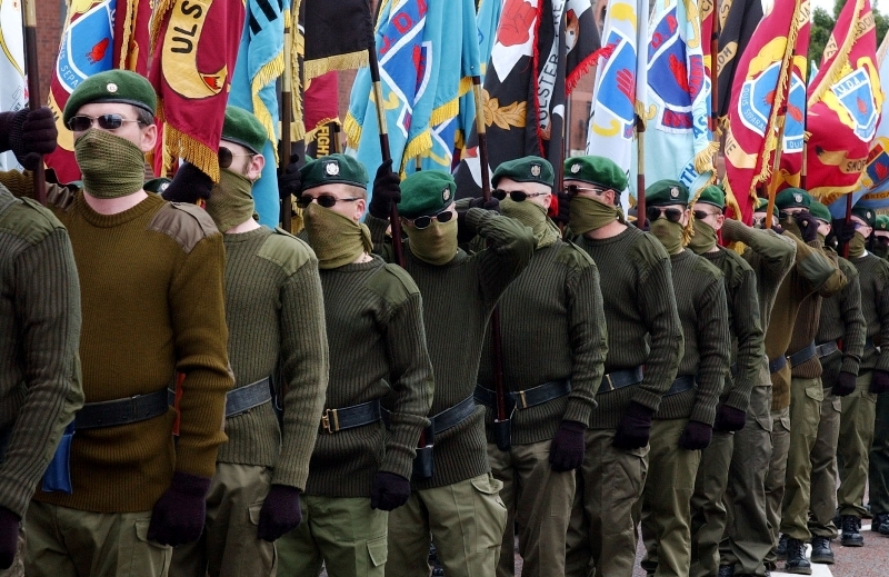 British terrorists of the UDA-UFF on parade. For most of its existence the organisation was a legal terror organisation due to Britain’s refusal to proscribe it despite hundreds of gun and bomb attacks by its activists