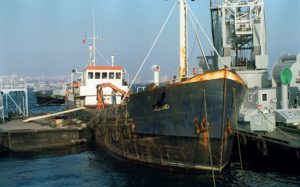 The Panamian coaster Eksund at Brest military port in 1987 after being captured by French customs. It was seized with 150 tons of smuggled arms on board destined for the IRA.
